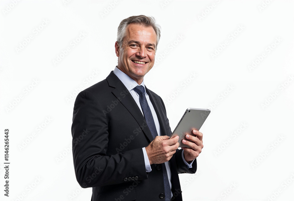 Happy middle aged business man ceo wearing suit standing isolated on white using digital tablet. Smiling mature businessman professional executive manager looking at camera holding device. Portrait Happy middle aged business man ceo wearing suit standing isolated on white using digital tablet. Smiling mature businessman professional executive manager looking at camera holding device. Portrait