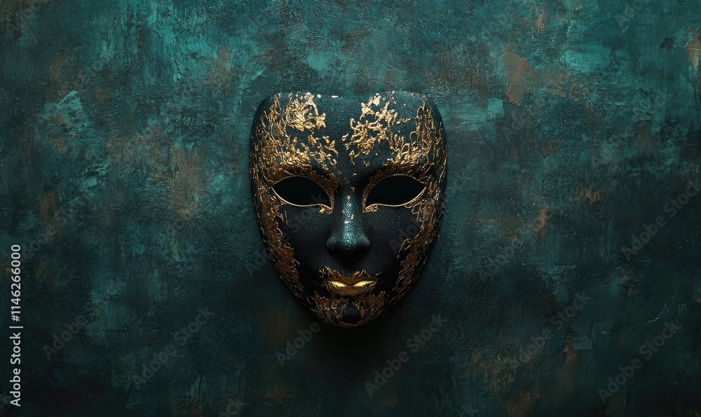 A gold mask with a black face is on a green wall A gold mask with a black face is on a green wall