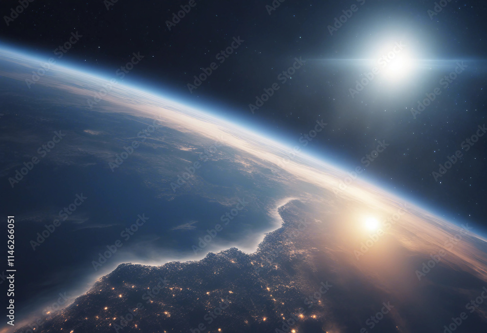 Obraz premium Blue sunrise view of earth from space