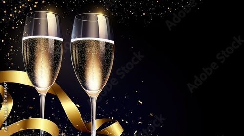 Luxury celebration birthday new year's eve sylvester or other holidays background greeting card - sparkling wine or champagne glasses on dark black night background with golden ribbon photo