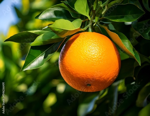 Orange hanging on tree, natural ripening process and vibrant color, citrus fruit and healthy harvest