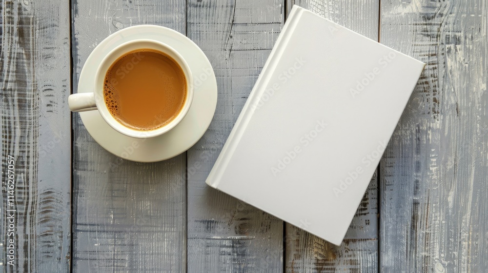 Coffee cup and blank book on rustic wooden table. Coffee cup and blank book on rustic wooden table.