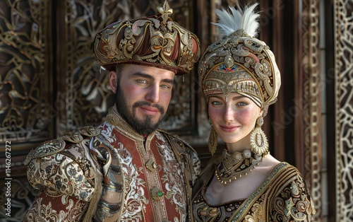 A couple dressed in ornate traditional Middle Eastern clothing pose in front of a carved wooden door. photo