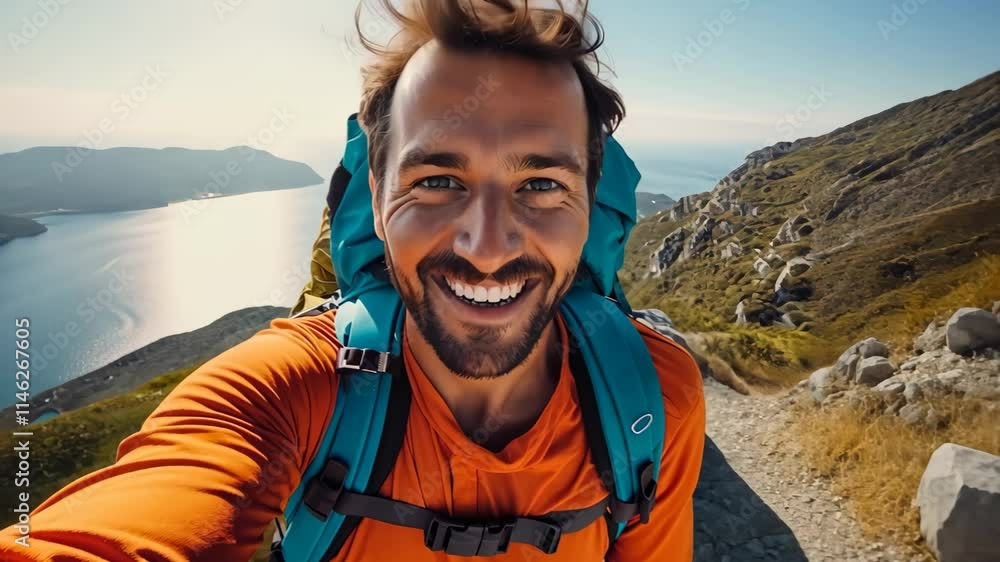 Smiling Handsome Young Man Taking Selfie During Hiking Adventure in Scenic Mountains with Beautiful Landscape Background, Travel Vacation Concept Smiling Handsome Young Man Taking Selfie During Hiking Adventure in Scenic Mountains with Beautiful Landscape Background, Travel Vacation Concept