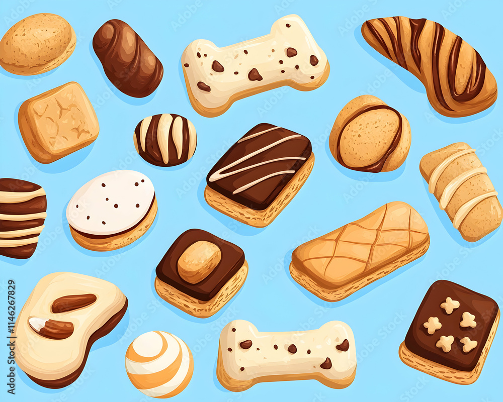 Assorted cookies arranged on light blue background, food vector graphic for use in web design or promotional materials. Assorted cookies arranged on light blue background, food vector graphic for use in web design or promotional materials.