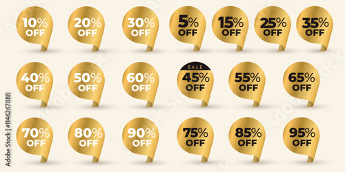 Set of gold banner speech bubble. 10, 20, 30, 40, 50, 60, 70, 80,90 percent off. Vector illustration. Bubble speech sale discount 15, 25, 35, 45, 55, 65, 75, 85, 95, 5% price flashsale golden.