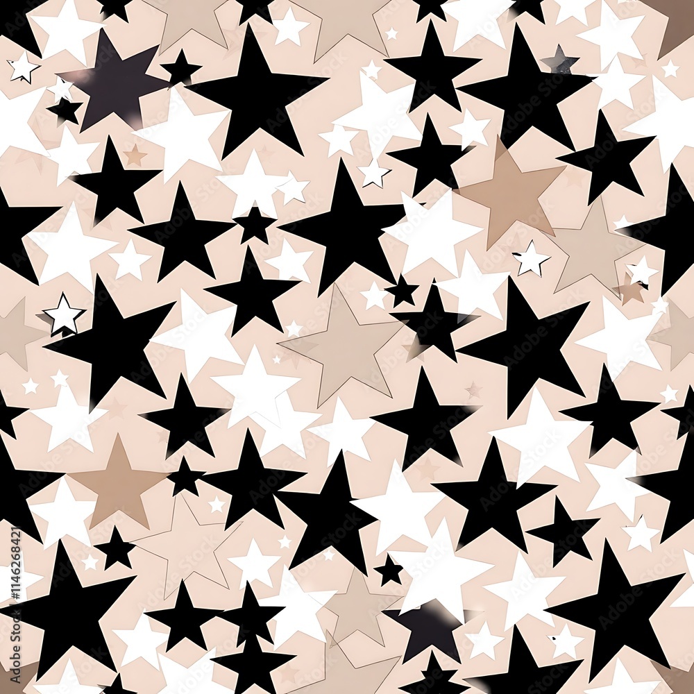 Obraz premium Starry Night Seamless Pattern: A mesmerizing pattern of black and white stars on a beige background. This versatile design is perfect for adding a touch of whimsy and sophistication to any project.