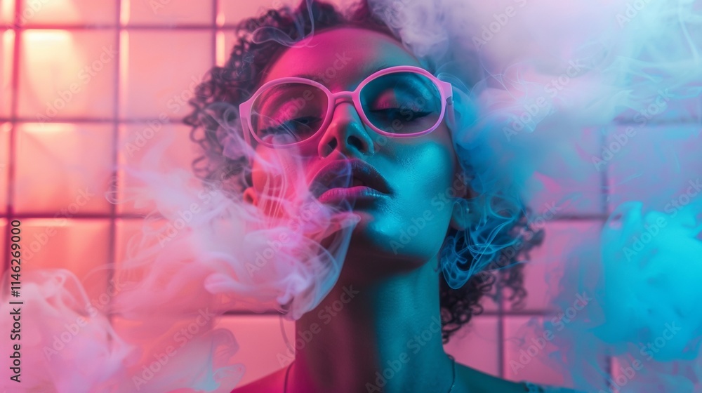 Woman in neon lights surrounded by colorful smoke Woman in neon lights surrounded by colorful smoke
