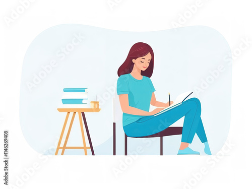 Young woman journaling in a notebook, cartoon style, sitting on a cozy chair, isolated on white.  