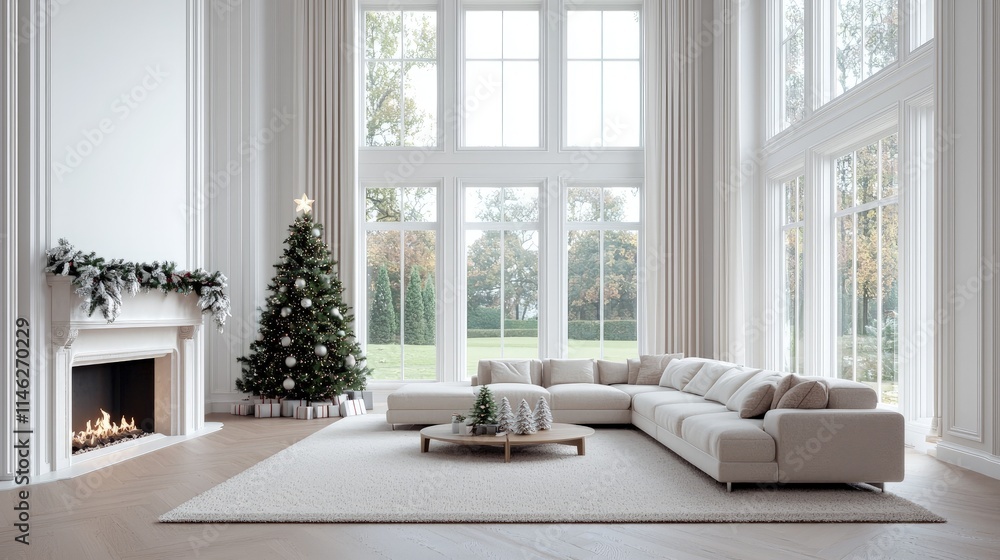 Elegant Christmas living room with large windows, fireplace, and sectional sofa. Elegant Christmas living room with large windows, fireplace, and sectional sofa.