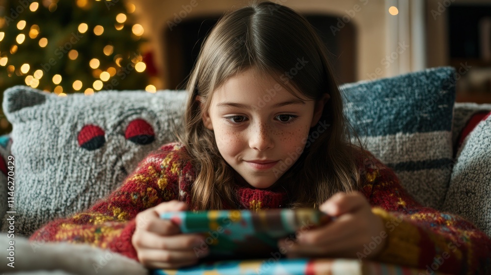 Girl using phone, Christmas presents, cozy home. Girl using phone, Christmas presents, cozy home.