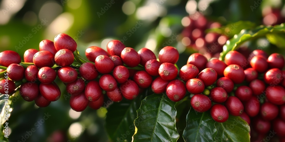Mature coffee beans Coffea ready for harvest display a distinctive reddened skin color, indicating their age and perfect readiness. These coffee beans Coffea are prime for picking. Mature coffee beans Coffea ready for harvest display a distinctive reddened skin color, indicating their age and perfect readiness. These coffee beans Coffea are prime for picking.