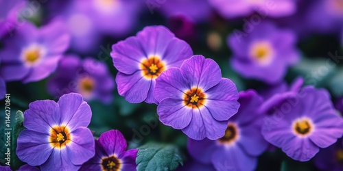 Close up of vibrant purple primroses flowers showcasing their delicate petals and rich colors, highlighting the beauty of purple primroses in nature s incredible display.