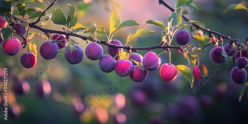 Plum fruit fills the branches abundantly, showcasing a bountiful harvest in the orchard. These branches are adorned with vibrant plum fruit, highlighting nature s fruitful offering. photo