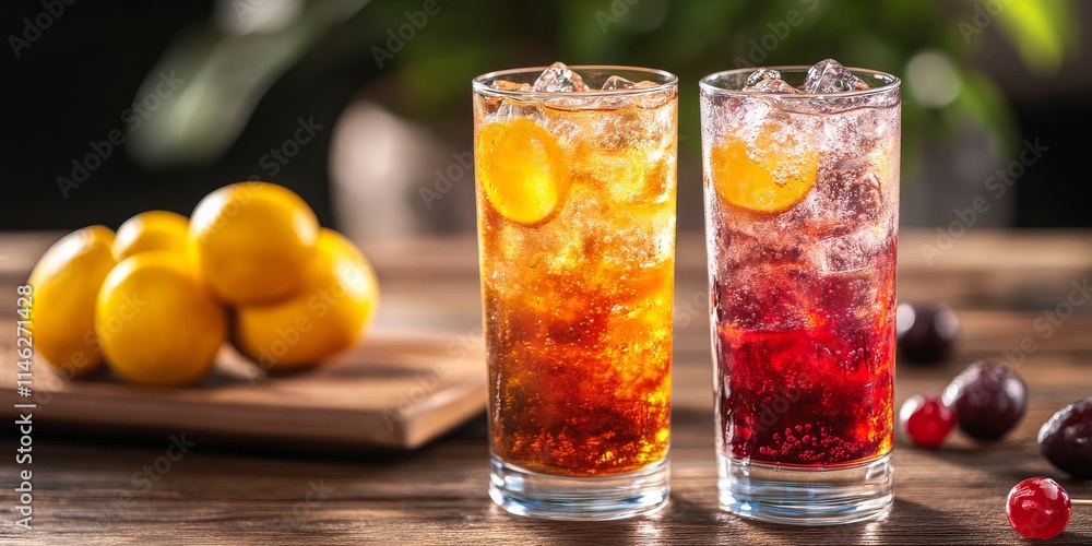 Two refreshing glasses of soft drink, filled with vibrant colors, showcasing a delicious compote beverage that invites you to savor the delightful flavors of this soft drink. Two refreshing glasses of soft drink, filled with vibrant colors, showcasing a delicious compote beverage that invites you to savor the delightful flavors of this soft drink.