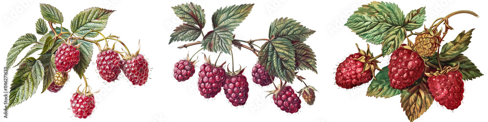 Delicate raspberry branches with vibrant red and purple raspberries, surrounded by lush green leaves. Delicate raspberry branches with vibrant red and purple raspberries, surrounded by lush green leaves.