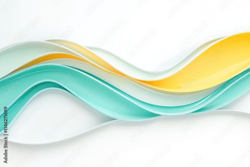 Obraz premium Abstract wavy design with pastel yellow, teal, and white colors creating a flowing, elegant visual.