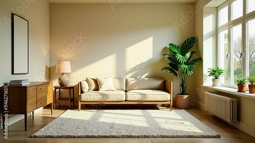 Serene Living Room with Sunlight Streaming Through Window and Light Beige Sofa