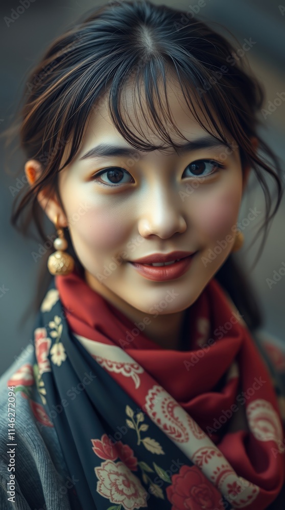 Smiling Woman in a Floral Scarf: A portrait of a young woman with a warm and inviting smile, her beauty enhanced by a vibrant floral scarf. Her eyes sparkle with life and warmth. Smiling Woman in a Floral Scarf: A portrait of a young woman with a warm and inviting smile, her beauty enhanced by a vibrant floral scarf. Her eyes sparkle with life and warmth.