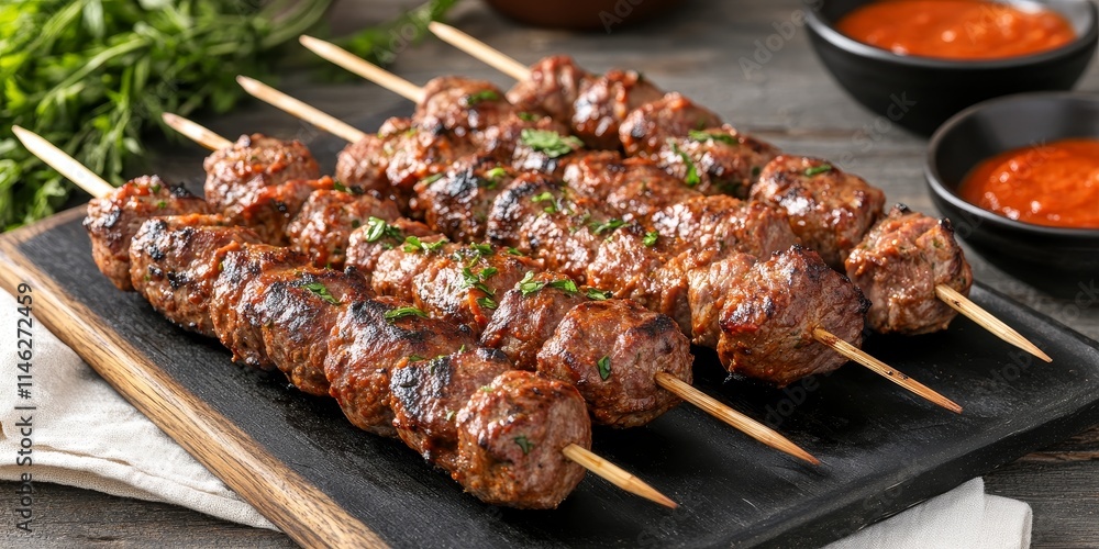 Savory meat kebabs featuring a rich marinade of tomato paste and a unique blend of spices create an intense flavor profile in these classic meat kebabs, perfect for any grill enthusiast. Savory meat kebabs featuring a rich marinade of tomato paste and a unique blend of spices create an intense flavor profile in these classic meat kebabs, perfect for any grill enthusiast.