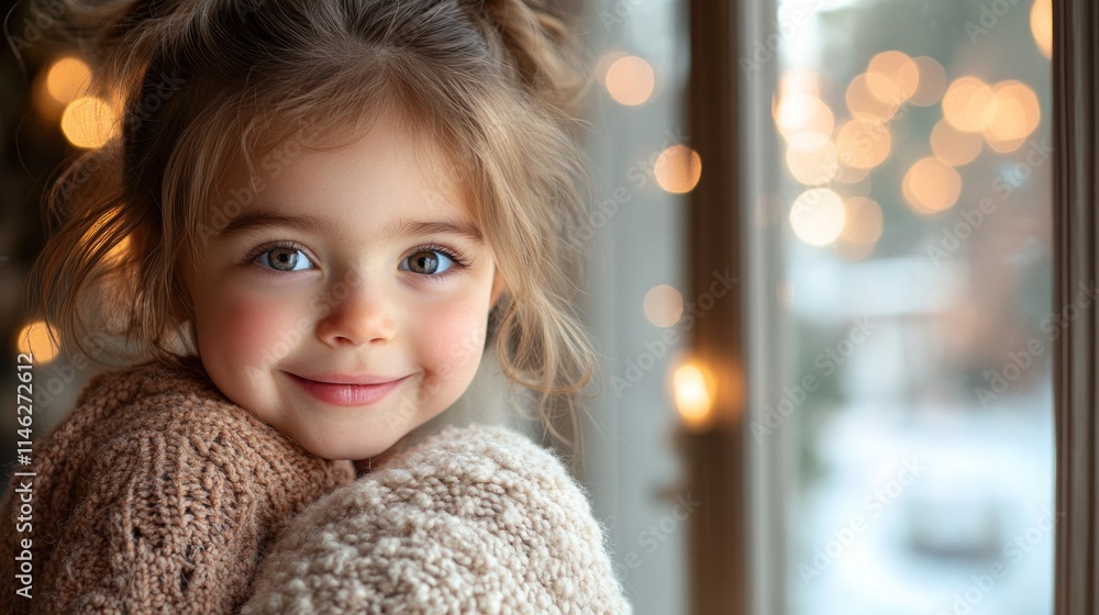 A smiling child in cozy sweaters by a window with warm lights, evoking joy and warmth. A smiling child in cozy sweaters by a window with warm lights, evoking joy and warmth.