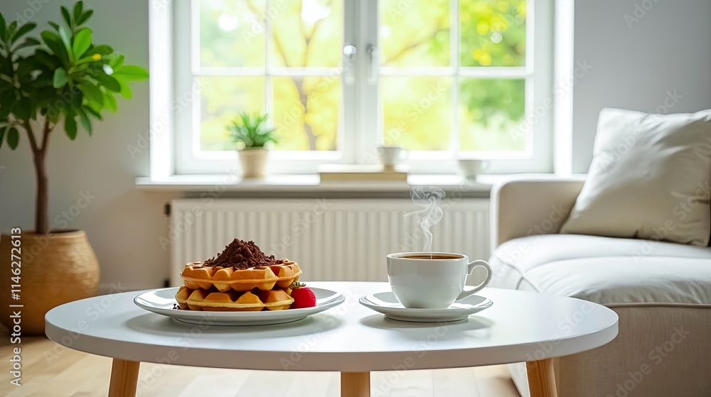custom made wallpaper toronto digitalCozy home breakfast scene featuring a delectable waffle dessert and a steaming cup of coffee on a side table