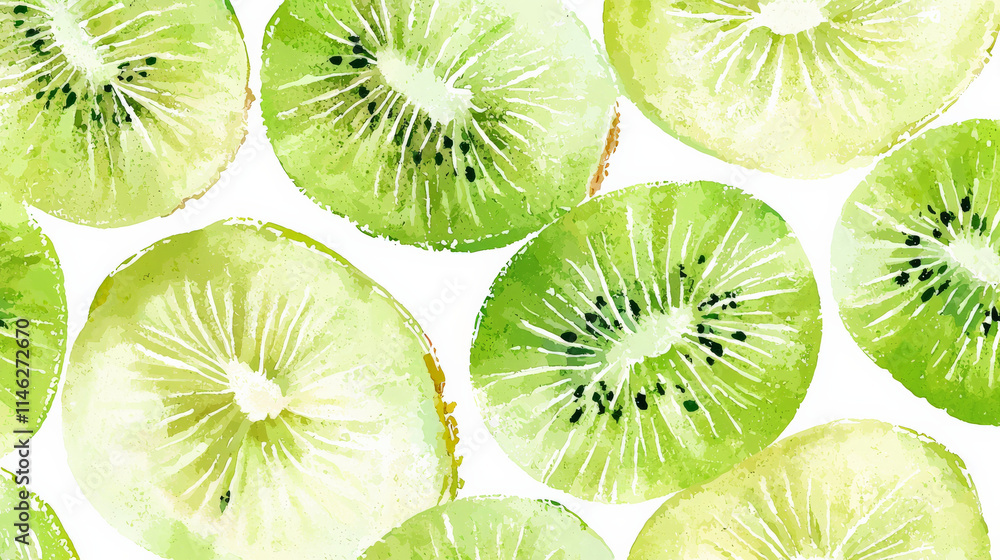 Fototapeta premium Fresh kiwi slices in watercolor style, vibrant and overlapping, isolated