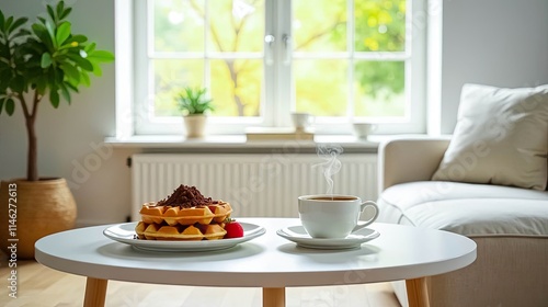 Wallpaper Mural Cozy home breakfast scene featuring a delectable waffle dessert and a steaming cup of coffee on a side table Torontodigital.ca