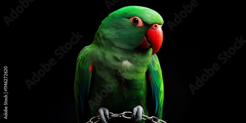 Eclectus parrot showcasing vibrant green feathers, featuring a foot chain. This stunning green eclectus parrot captivates with its beauty and charm, making it a remarkable subject for nature photo