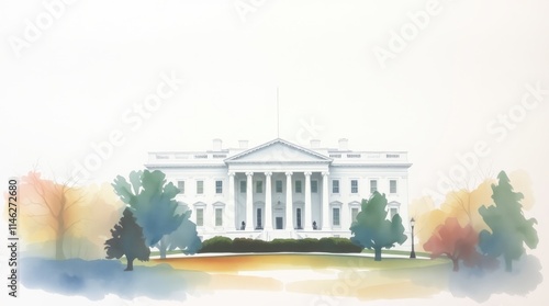 Watercolor White House: A serene watercolor painting of the iconic White House, bathed in soft autumnal hues, captures the grandeur and history of this American landmark.