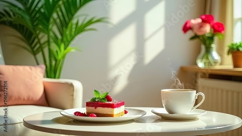 Wallpaper Mural Serene Afternoon Tea with a Piece of Raspberry Dessert on a Sunny Day Torontodigital.ca