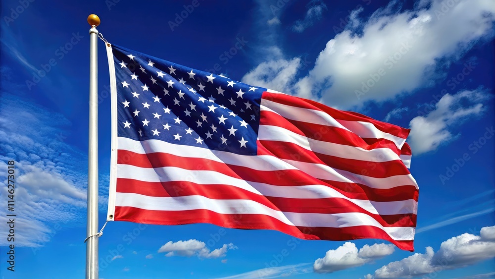 American Flag Waving in the Wind Against a Clear Blue Sky American Flag Waving in the Wind Against a Clear Blue Sky