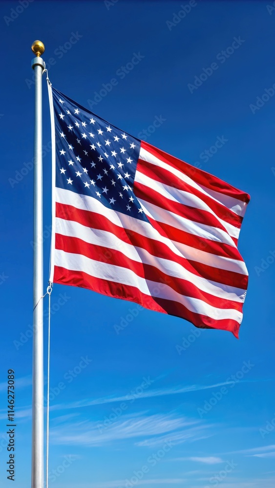 American Flag Waving in the Wind Against a Clear Blue Sky American Flag Waving in the Wind Against a Clear Blue Sky