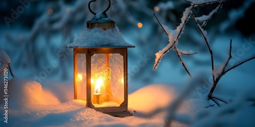 Illuminated lantern glowing in the snow creates a magical atmosphere, highlighting the beauty of winter. This burning lantern in the snow invites warmth amidst the chilly surroundings. photo