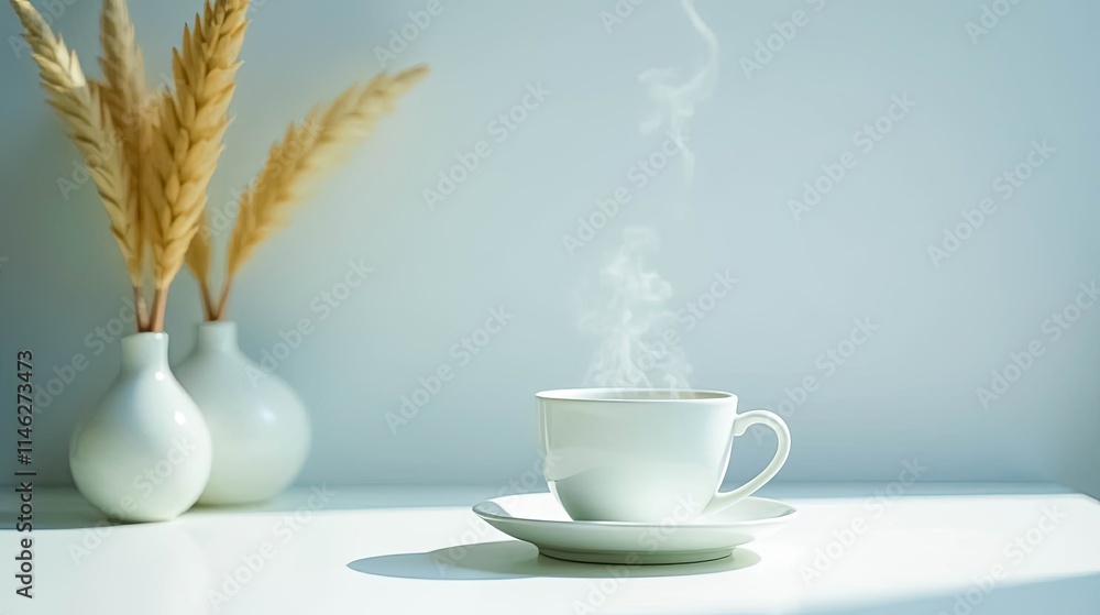 Fototapeta premium A steaming cup of coffee rests on a saucer, bathed in sunlight, near a vase of dried flowers, creating a tranquil morning scene.