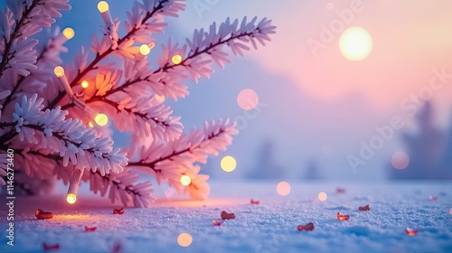 Enchanted Winter Scene Frost-Covered Branches Adorned with Warm Lights and Scattered Festive Decorations Resting on a Soft Blanket of Snow at Sunset