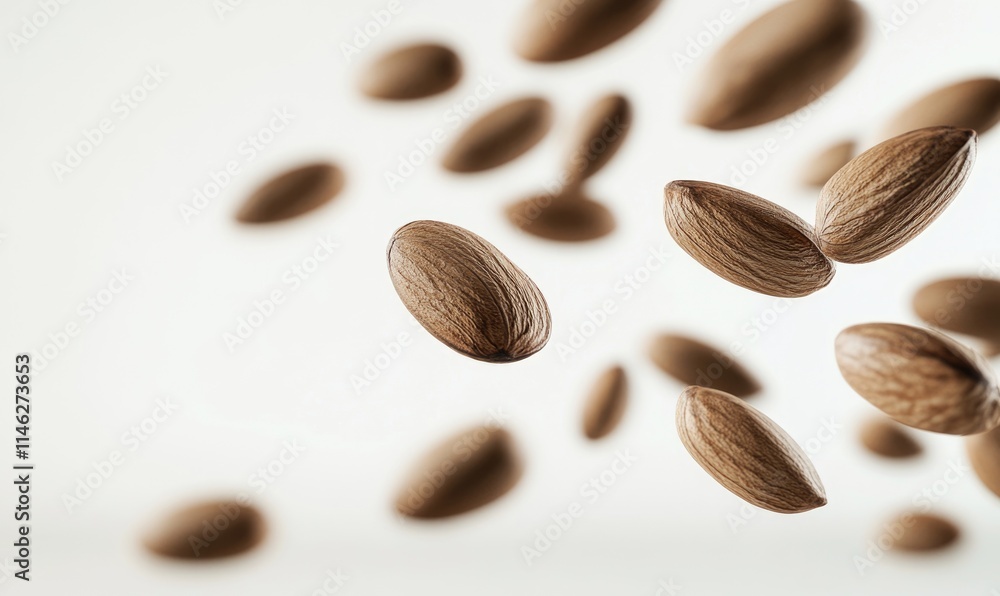 A bunch of almonds are flying through the air A bunch of almonds are flying through the air