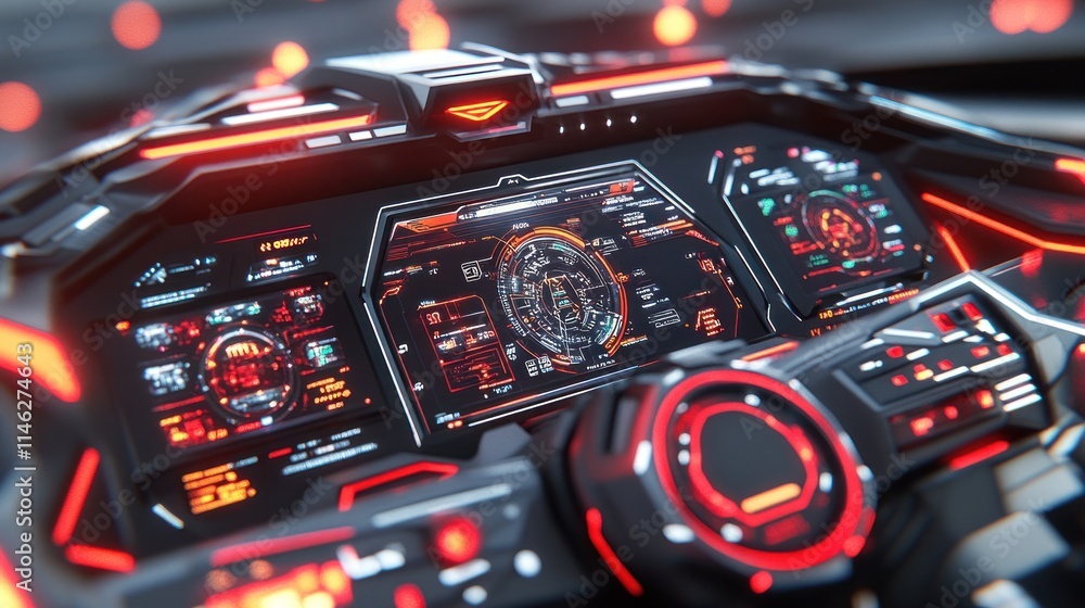 Futuristic vehicle cockpit with red glowing digital displays and controls. Futuristic vehicle cockpit with red glowing digital displays and controls.