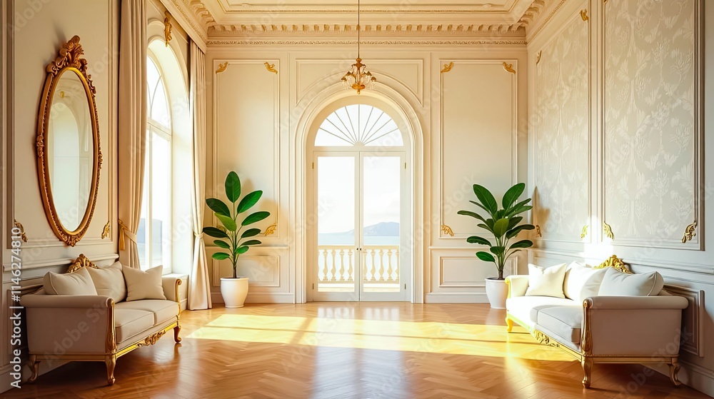 Elegant Room with French Doors and Gilded Accents, Sunlit Hardwood Floors, and Ornate Mirror Elegant Room with French Doors and Gilded Accents, Sunlit Hardwood Floors, and Ornate Mirror