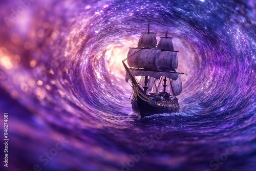 Fantasy ship sailing through a vibrant cosmic tunnel with swirling colors photo