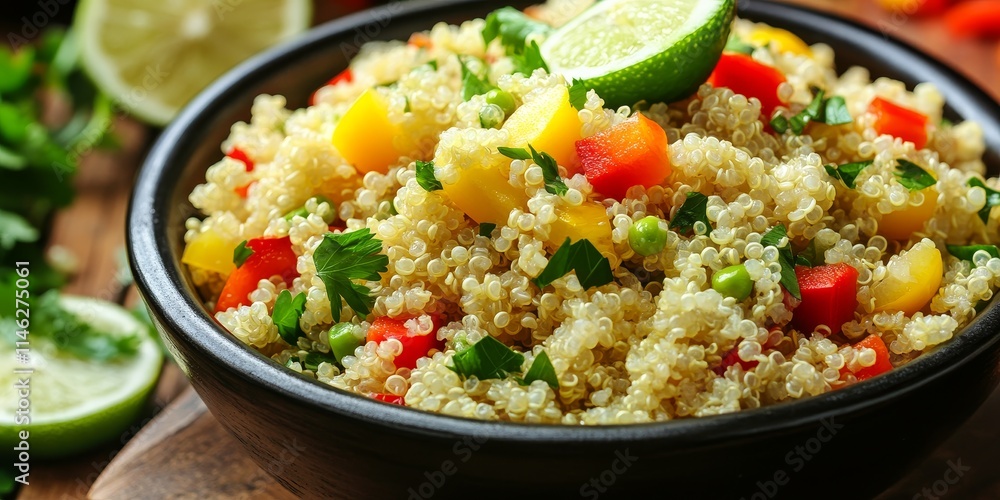A vibrant quinoa salad featuring the delightful flavors of lemon, lime, red pepper, yellow pepper, green onion, and parsley, showcasing healthy and delicious quinoa in every bite. A vibrant quinoa salad featuring the delightful flavors of lemon, lime, red pepper, yellow pepper, green onion, and parsley, showcasing healthy and delicious quinoa in every bite.