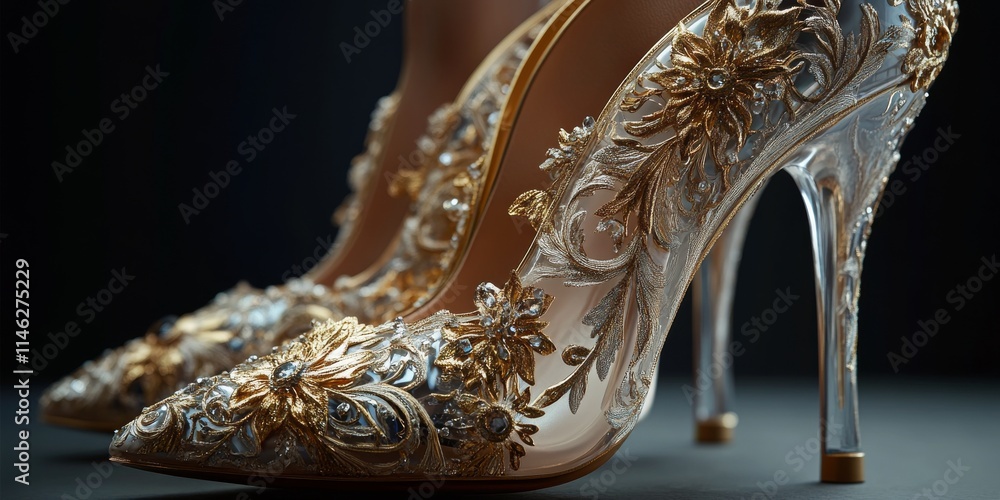 Obraz premium Closeup photo showcasing the exquisite modelling of aureate high heeled shoes, highlighting their elegant design and intricate details in this stunning visual representation of aureate high heeled