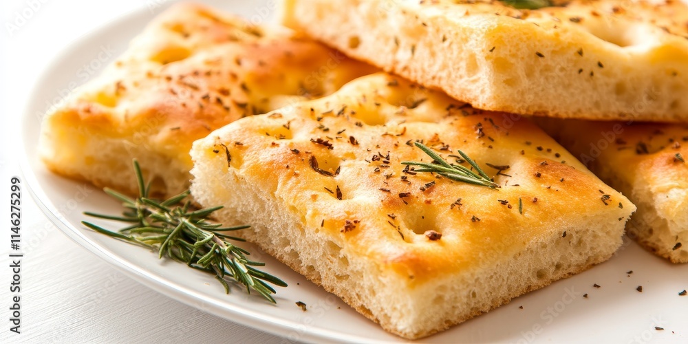Delicious Italian focaccia served on a plate against a white background, showcasing the appealing texture and flavor of Italian focaccia that s perfect for any meal. Delicious Italian focaccia served on a plate against a white background, showcasing the appealing texture and flavor of Italian focaccia that s perfect for any meal.
