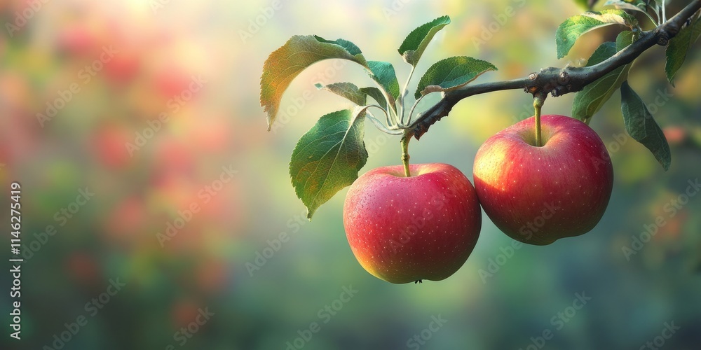 Two apples are suspended from a branch with a soft focus orchard in the background, highlighting the beauty of the apples amidst nature s allure in this enchanting scene. Two apples are suspended from a branch with a soft focus orchard in the background, highlighting the beauty of the apples amidst nature s allure in this enchanting scene.