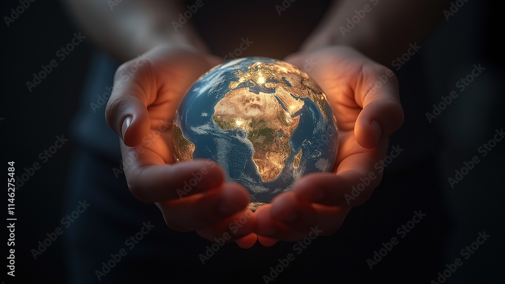 Hands Holding a Glowing Earth Against a Dark Background. Hands Holding a Glowing Earth Against a Dark Background.