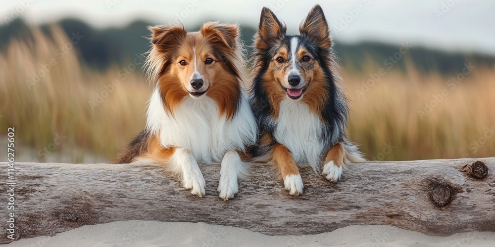 A Shetland Sheepdog and a scruffy terrier crossbreed pose together on a large log resting on a sandy beach, showcasing their playful spirit against a beautiful coastal backdrop. A Shetland Sheepdog and a scruffy terrier crossbreed pose together on a large log resting on a sandy beach, showcasing their playful spirit against a beautiful coastal backdrop.