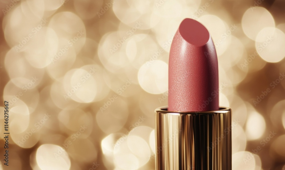 A pink lipstick is sitting on a gold colored base A pink lipstick is sitting on a gold colored base