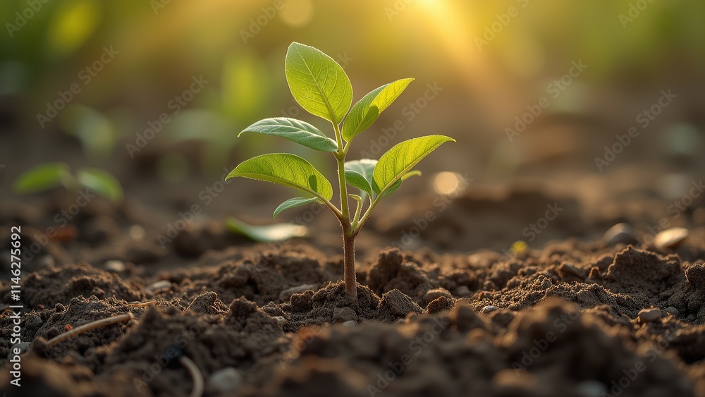 Small Green Plant Growing in Soil at Sunrise. Small Green Plant Growing in Soil at Sunrise.