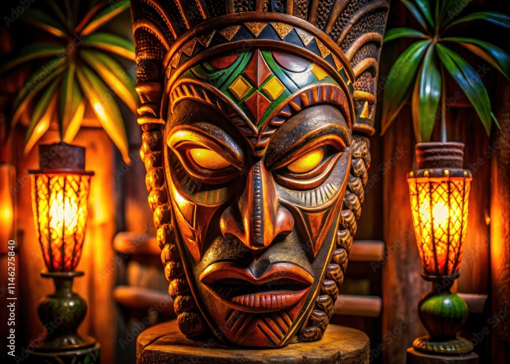 Fototapeta premium Mysterious African tiki mask, bathed in low light, adds exotic ambiance to your home. AI-generated.