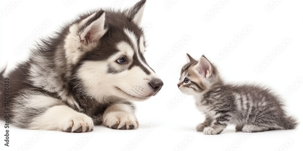 An Alaskan malamute puppy and a tiny kitten gaze at one another, showcasing the adorable interaction between the Alaskan malamute puppy and the kitten, all set against a clean white background. An Alaskan malamute puppy and a tiny kitten gaze at one another, showcasing the adorable interaction between the Alaskan malamute puppy and the kitten, all set against a clean white background.